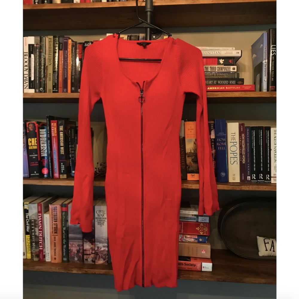 GUESS Red Fitted, Zip-Up Sweater Dress